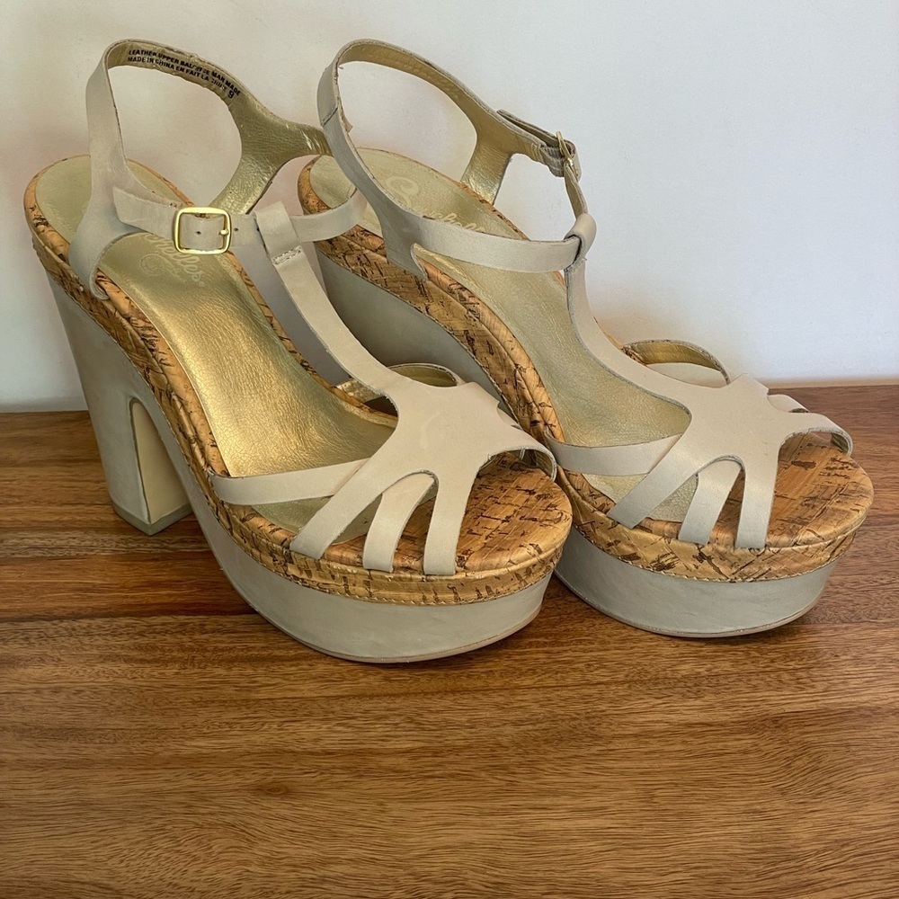 Seychelles Leather Cork T-Strap Platform Heel Strappy Sandals Taupe Off White 9